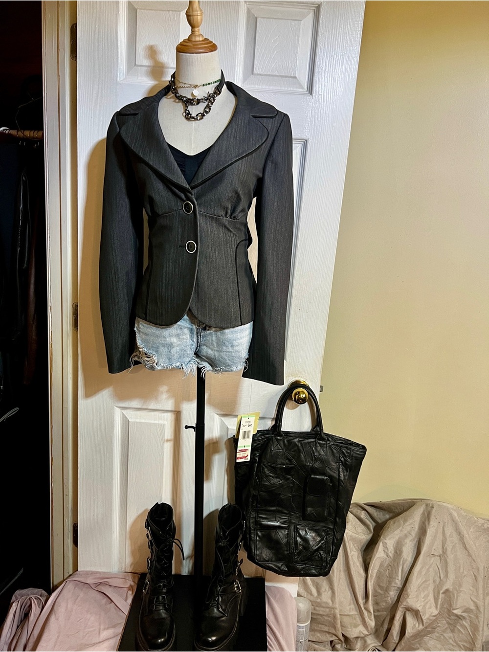 Nine West Y2K Charcoal Gray Vertical Striped Braid Trim Belted Classic Blazer 8